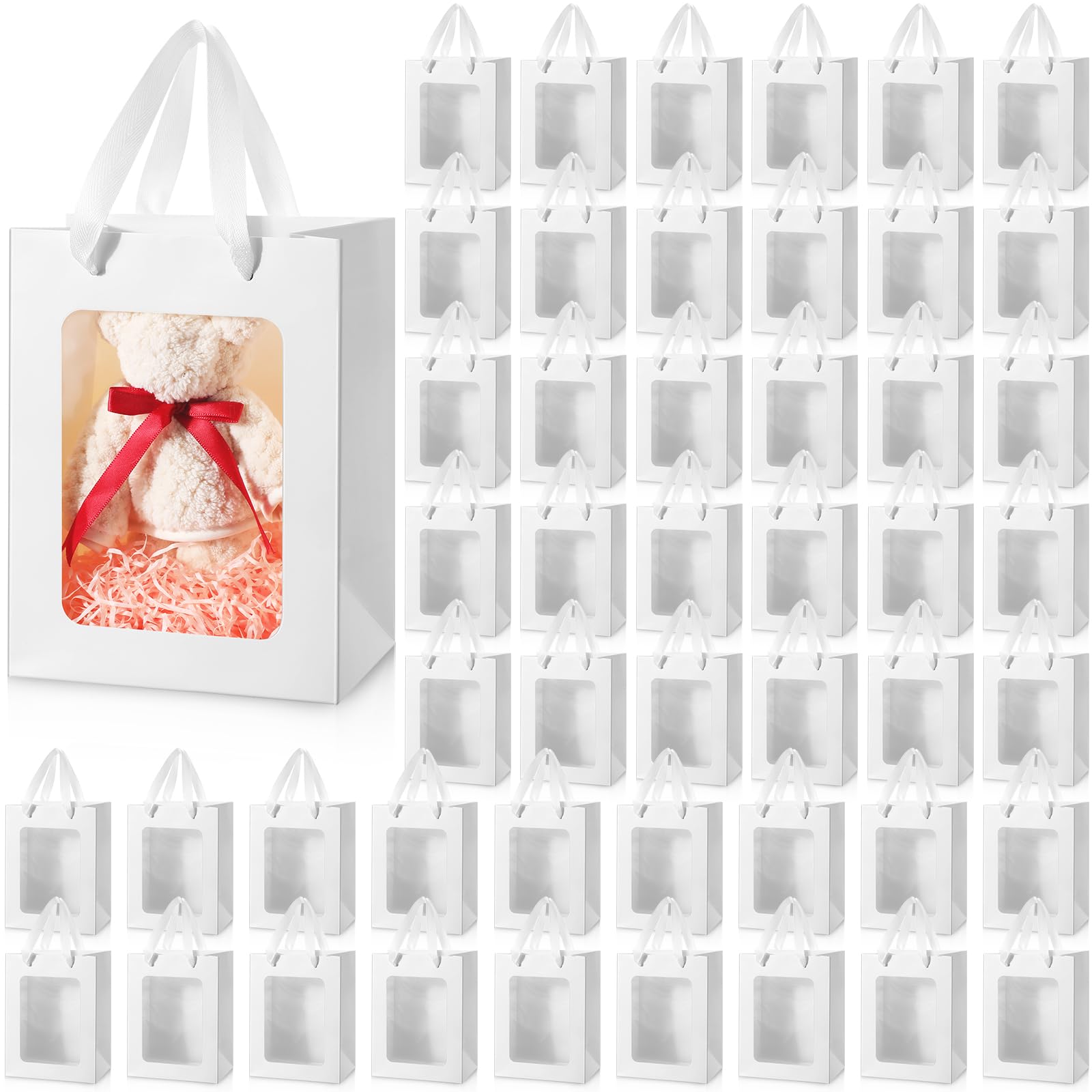 Photo 1 of Harloon 48 Pieces Paper Gift Bag with Transparent Clear Window 7.9 x 5.9 x 3.9 Inch Kraft Bags with Handles for Halloween Christmas Bridal Baby Shower Graduate Mother's Day Birthday Party (White)
