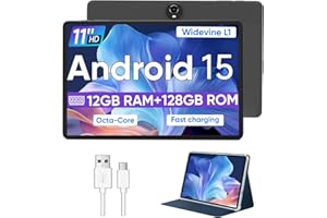 WXUNJA Android 15 Tablet,11 Inch Tablets with Octa Core Processor, 12GB RAM 128GB ROM 1TB Expand, Widevine L1, 8000mAh Battery, 2.4/5Ghz Dual WiFi/GPS/FM, 5/8MP Cameras, Case Included, Black