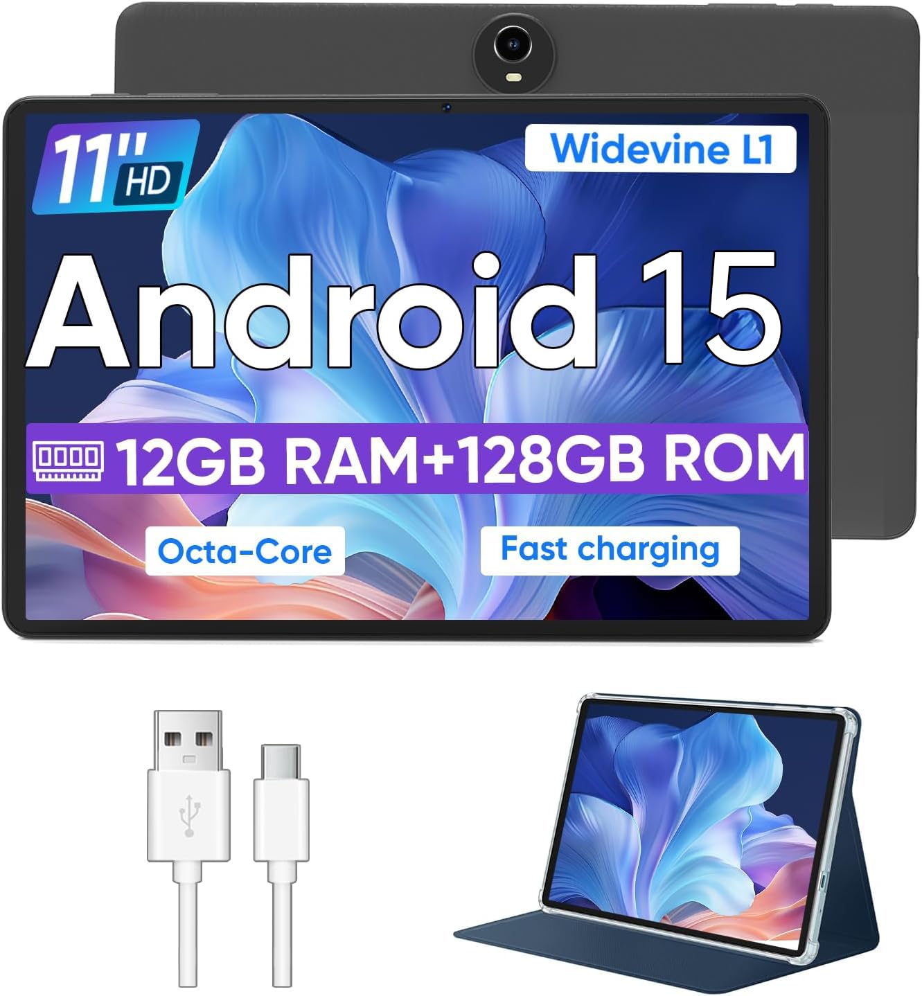 Android 15 Tablet,11 Inch Tablets with Octa Core Processor, 12GB RAM + 128GB ROM 1TB Expand, Widevine L1, 8000mAh Battery, 2.4/5Ghz Dual Band WiFi/GPS/FM Radio,5/8MP Cameras, Case Included - Black