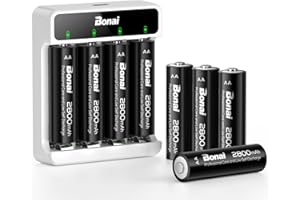 BONAI Rechargeable AA Batteries with Smart Charger Kit: 8 Pack 2800mAh High Capacity Ni-MH Double A Batteries with 4-Bay USB Fast Charger (Type-C Input, Low Self-Discharge)