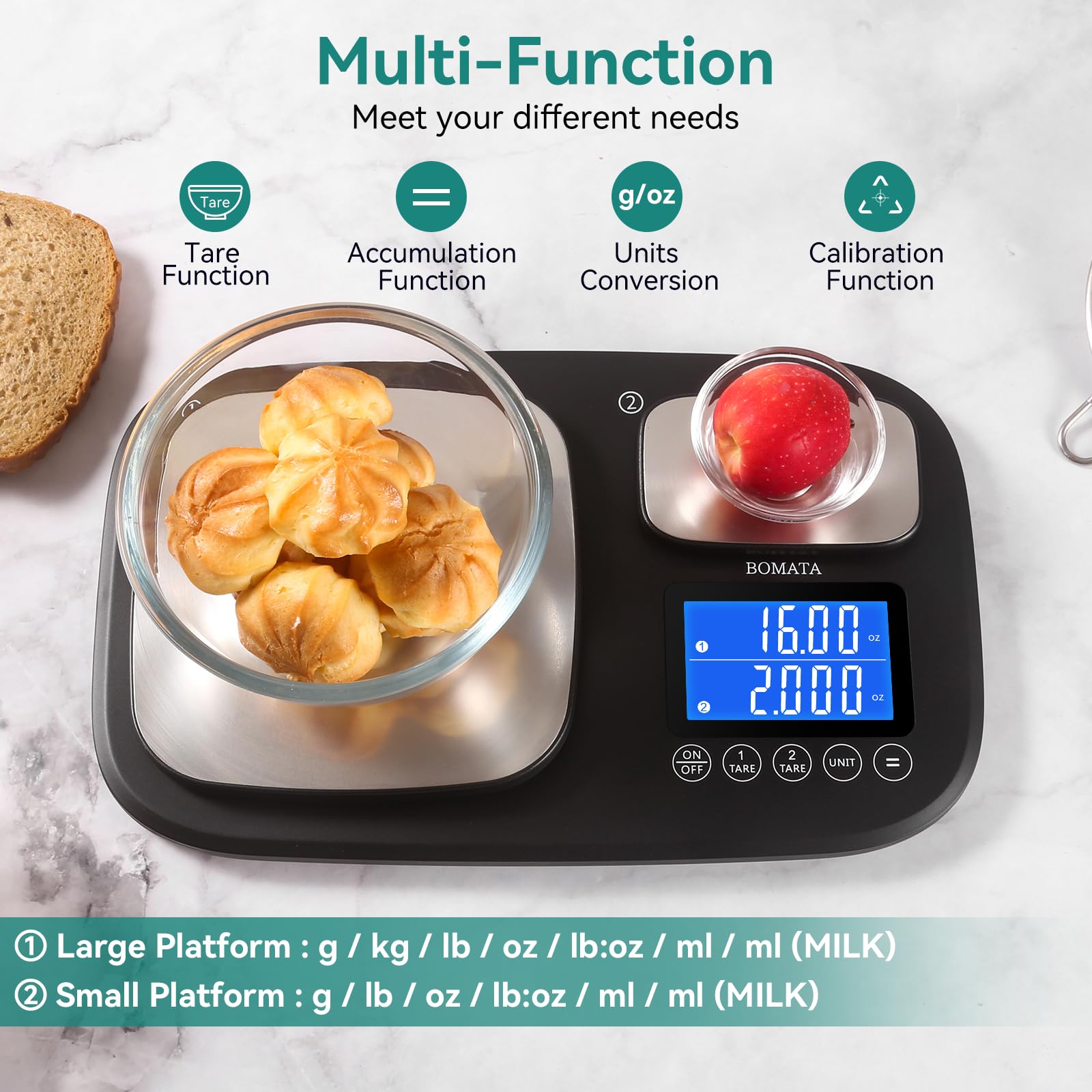 BOMATA 0.01g/500g & 1g/15kg Dual Platform Kitchen Scale with Two Precisions, Accumulation Function, Gram and Ounce, Digital Scale for Food, Baking, Yeast, Jewelry B614