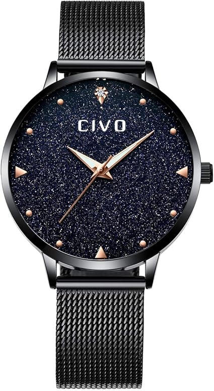 Amazon チーヴォ Civo 腕時計レディース 女性時計薄型 ステンレスメッシュ防水ウオッチ シンプル Watch For Women クオーツ おしゃれ ファッション ビジネス 綺麗 かわいい ブラック レディース腕時計 腕時計 通販