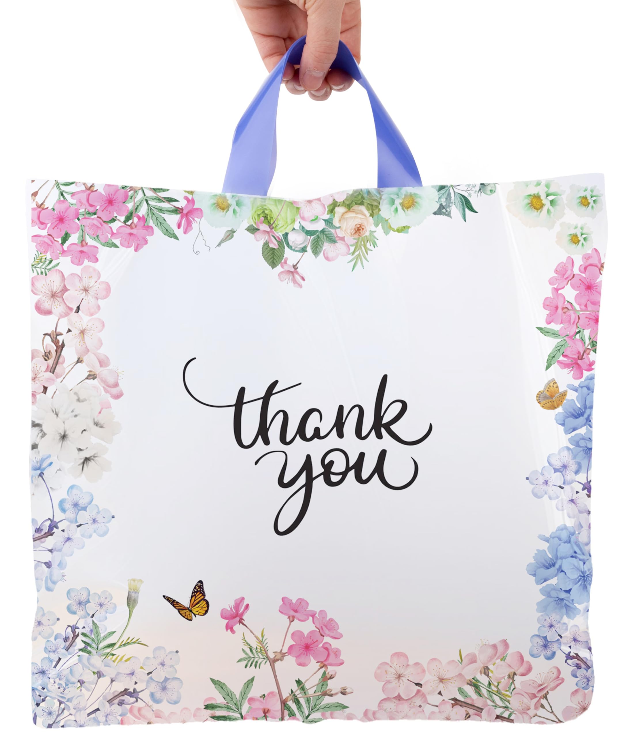 Photo 1 of Purple Q Crafts Floral Thank You Plastic Bags 50 Pack 18" x 18" With Soft Loop Handle Thank You Shopping Bags