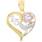 Ioka - 14K Tri Color Gold Sweet 15 Years Quinceanera Heart Charm Tiny Pendant For Necklace or Chain
