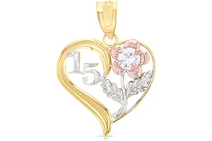 Ioka - 14K Tri Color Gold Sweet 15 Years Quinceanera Heart Charm Tiny Pendant For Necklace or Chain