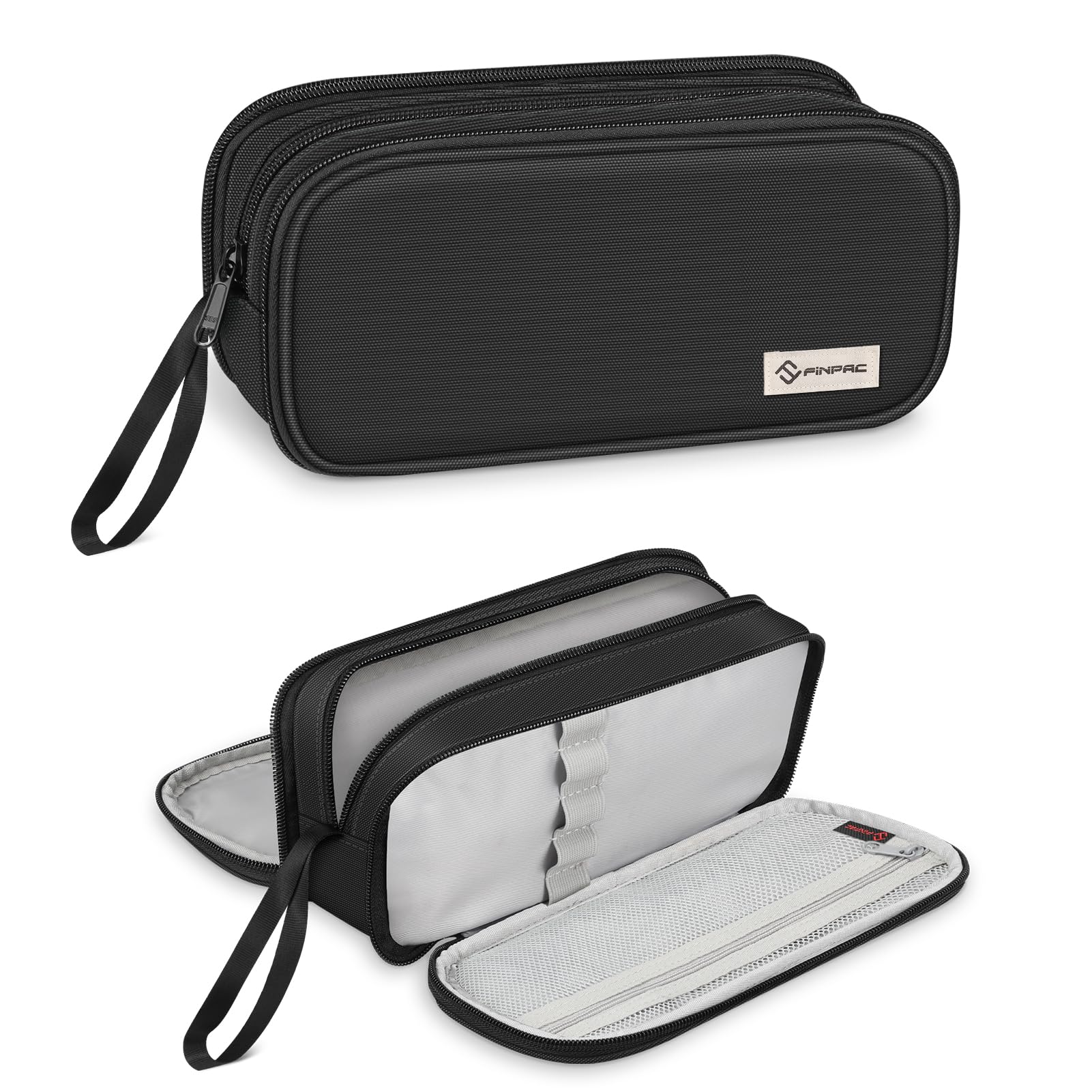 FINPAC Large Capacity Pencil Case, Portable Stationery Bag with 3 Compartments, Pencil Case with Zipper for School Office College Students Adult,, 3 Compartments-Black, Case