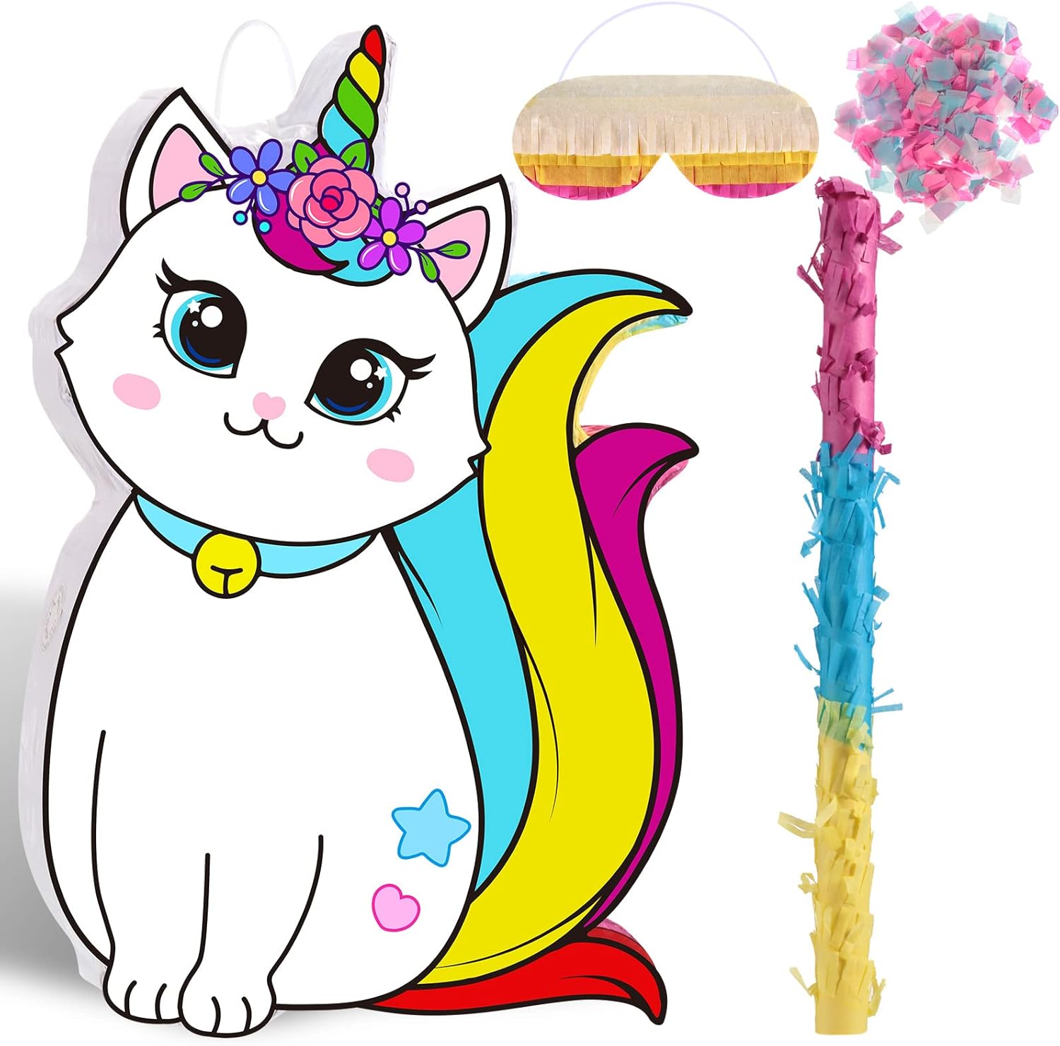 Piñatas - Unicorn Cat Pinata Unicorn Birthday Party Pinata Cat Pinatas with Blindfold and Bat Caticorn Pinata for Unicorn Cat Party Favor Kids Girls Birthday Party Decorations, 16 x 11 Inch