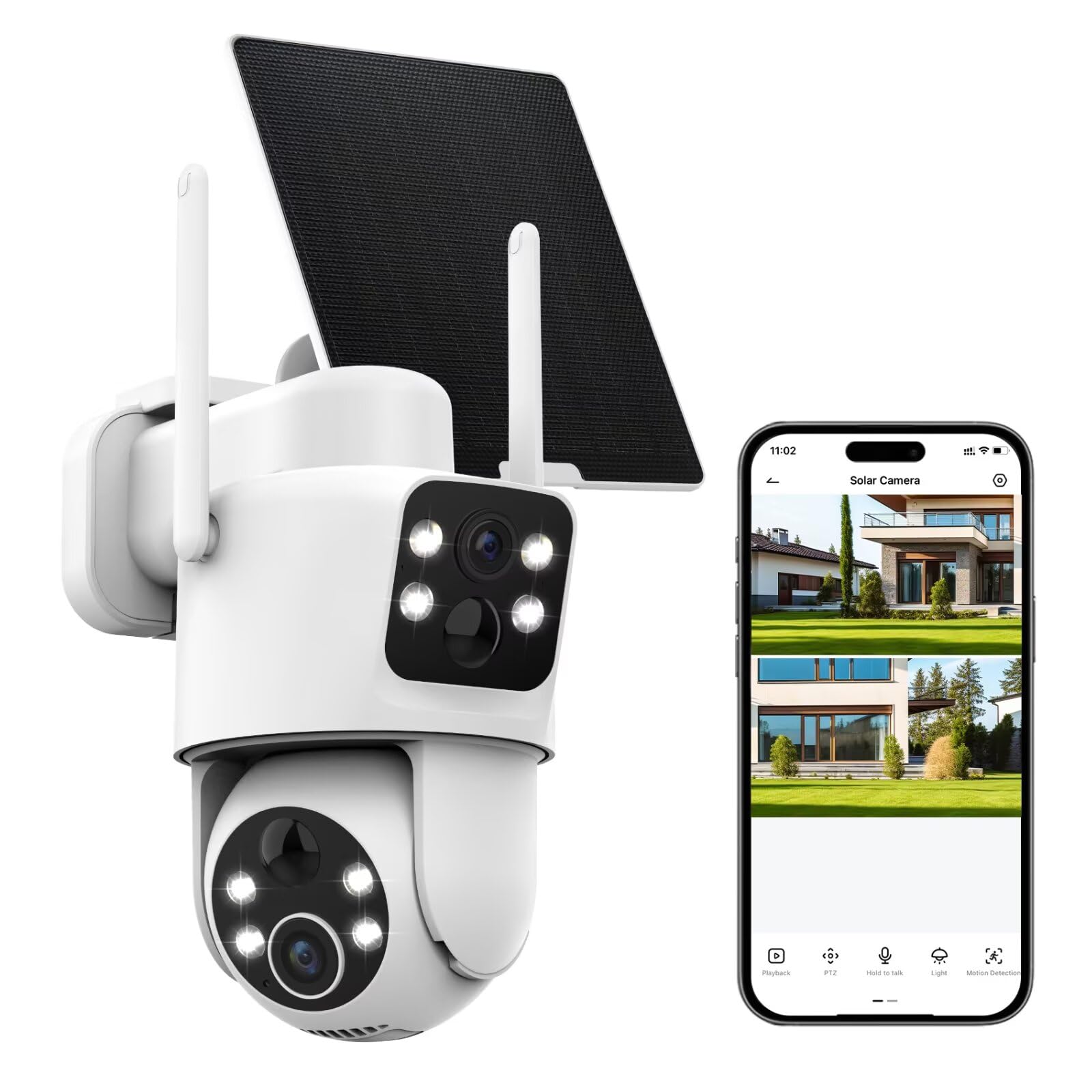 Photo 1 of 2K Dual-Lens Solar Camera Outdoor Wireless, 360° Pan/Tilt Solar Powered Security Camera with Rechargeable 10,000mAh Battery, IP66 Waterproof, Color Night Vision, Two-Way Audio for Home Security