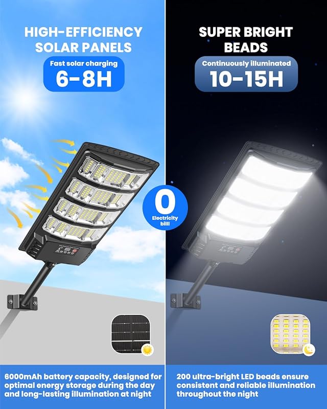Lampione Solare per Esterno, 6500K Lampada Stradale Solare con Sensore di Movimento, Telecomando, Impermeabili 320° Illuminazione Faretto Solari con Pannello per Giardino, Strada (2 Pezzi)
