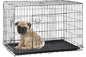 DKELI Dog Crate Dog Kennel Cage for Small Dogs, 24" Portable Foldable Indoor Outdoor Large Double Door Wire Metal Puppy Cat Pet Dog Cage with ABS Tray LC & Divider, Black