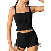 HOTOME Girls Swimsuit Two Piece Ruched Ruffle Tankini Swimsuits for Girls Bathing Suit with Drawstring Shorts Swimwear 9-16T
