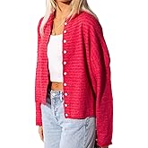 Women Striped Cardigan Button Down Long Sleeve Crewneck Crop Cardigans Sweater Cute Knitwear Fall Outerwear