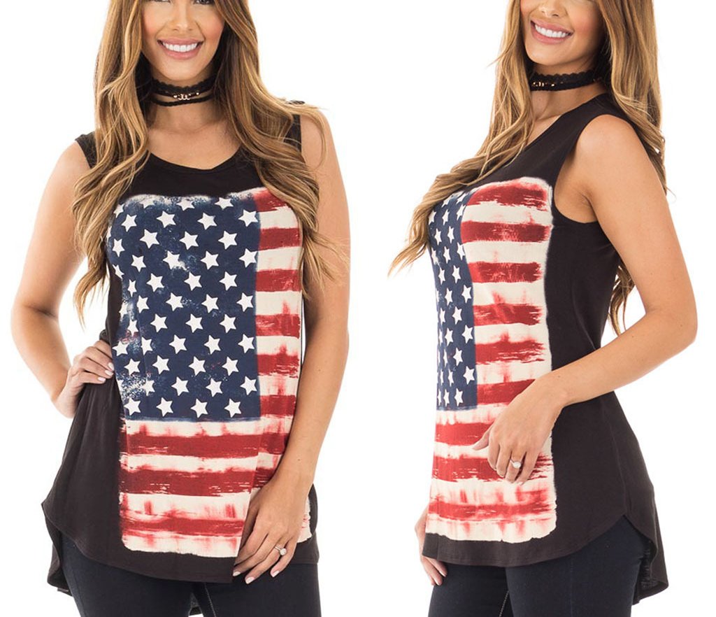 Mycherish Women Striped Tshirt American Flag Printed Sleeveless Tee Tank Tops Large