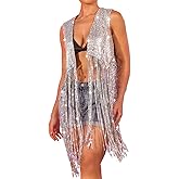 JAKAWIN Fringe Sequin Vest Sparkly Disco Party Rave Jacket for Women BO9246