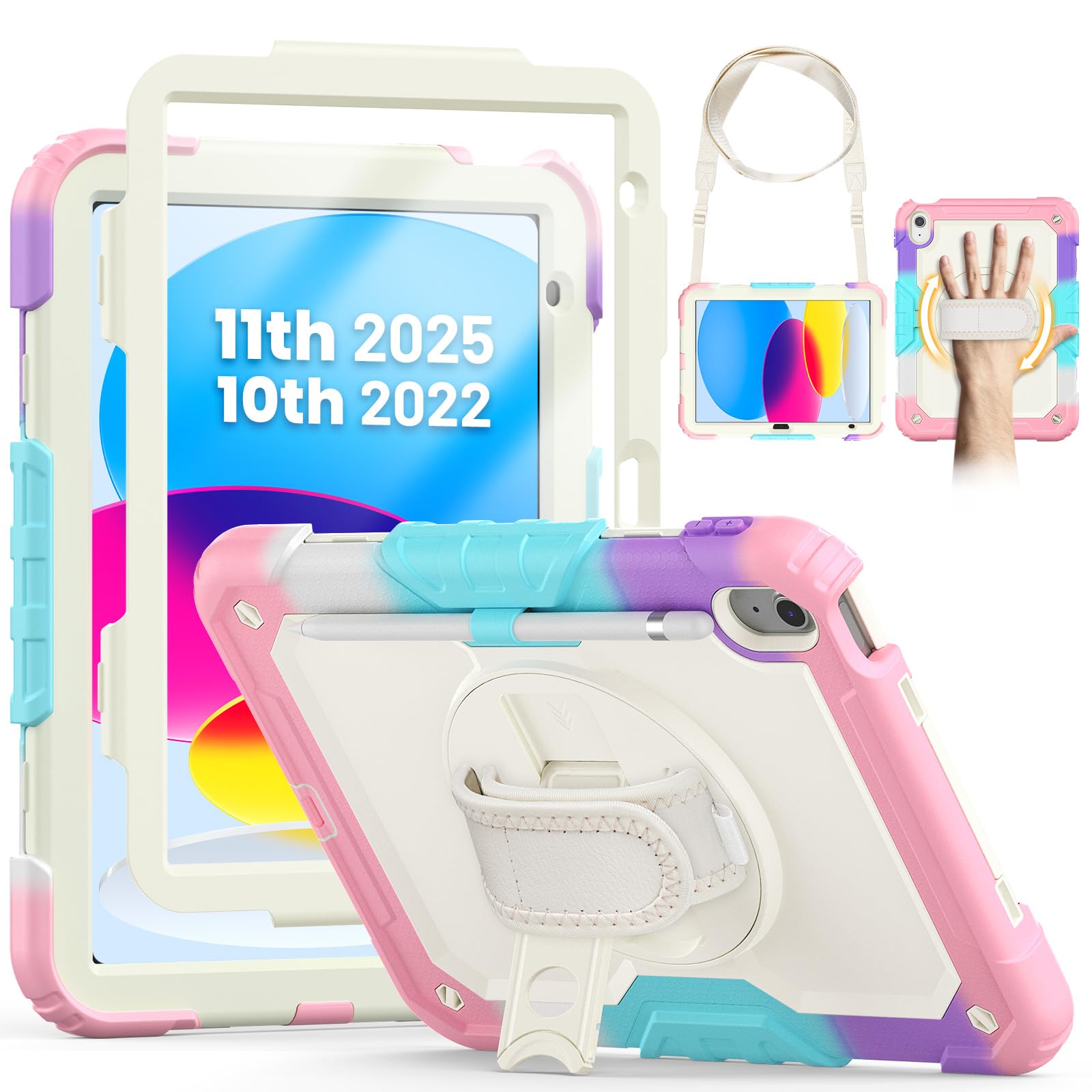 SEYMCY Kids Case for iPad (A16) 11th/10th Generation 2025 (11 inch)/2022 (10.9 inch), Full-body Shockproof with Screen Protector, Rotating Stand & Hand Strap, Carrying Strap, Pencil Holder, Pink