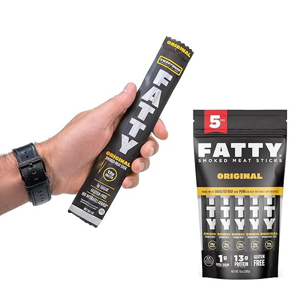 FATTY GRASS-FED BEEF SMOKED MEAT STICKS, ORIGINAL FLAVOR, 13G PROTEIN PER STICK, CAMPING SNACK, 2 OZ. (PACK OF 5)