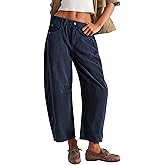 Lviefent Womens Mid Rise Cord Barrel Jeans Casual Baggy Wide Leg Corduroy Cropped Ankle Pants with Pockets