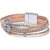 FANCY SHINY Cross Leather Bracelets Christian Jewelry Religious Gifts for Women Boho Wrap Cuff Bangle Bracelets with Magnetic Clasp