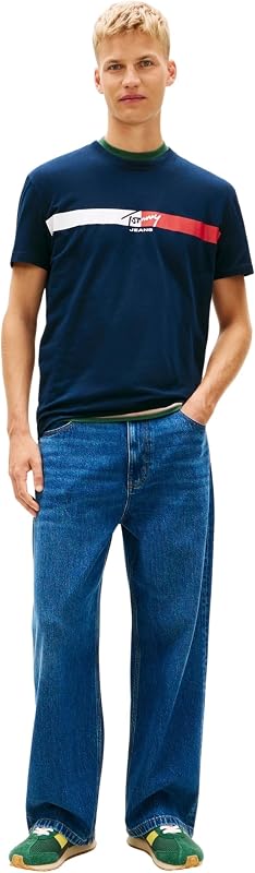 Herren T-Shirt Kurzarm Signature Stripe aus Baumwolle, Blau (Dark Night Navy), M