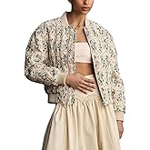 Shiyifa Women's Embroidered Daisy Cropped Bomber Jacket Long Sleeve Quilted Puffer Jackets Padded Coat Outerwear