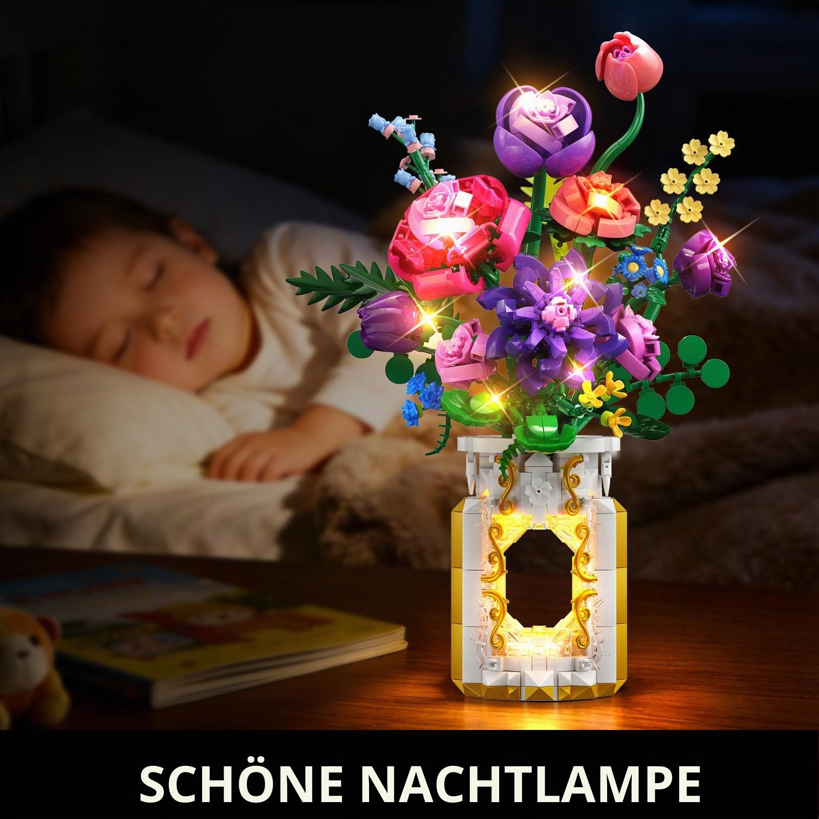 CUBIMANA Blumenstrauß-Bauset mit Vase & LED-Licht, 1093 Teile Botanische Sammlung Klemmbausteine, kreatives Geschenk für Frauen und Männer, künstliche Blumendekoration für Home und Zimmer 8