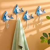 Vesici 4 Pcs Cartoon Shark Wall Hooks Nautical Sea Wall Mounted Key Holder Summer Rustic Bathroom Shark Hook Decor for Living Room Decorative Clothes Hat Key Towel Animal Theme Decorations