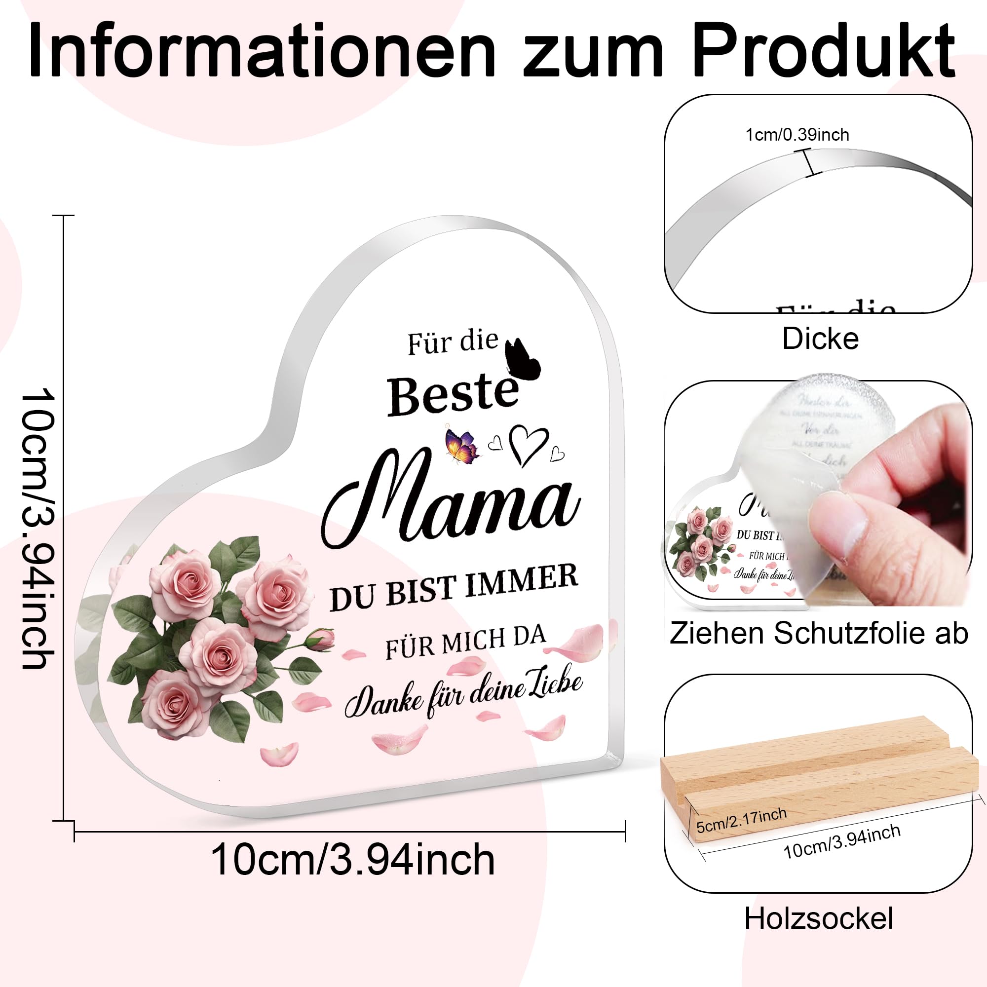 Geburtstagsgeschenk für Mama Geschenk, Geschenke für Mama, Muttertagsgeschenk für Mütter von Tochter Sohn, Beste Mutter Geschenke Geburtstag Weihnachten Muttertag, Herzförmige Acryl Heimdekoration 2
