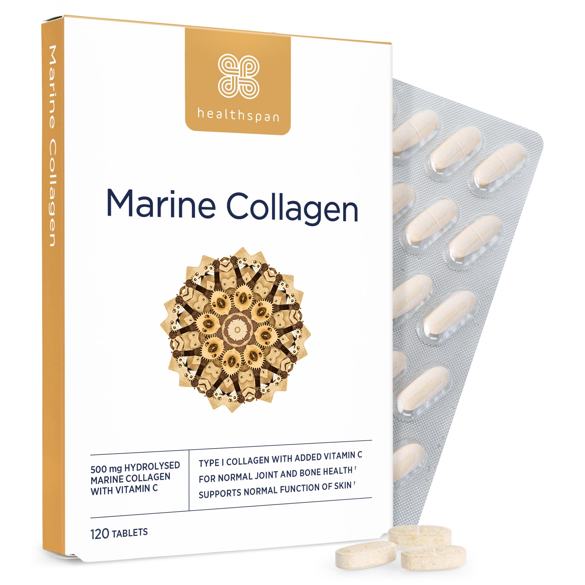 Healthspan Marine Collagen (120 Tablets, 500mg) | Hydrolysed Type 1 Marine Collagen | Support Your Skin, Bones & Joints | Added Benefits for Skin & Beauty | Added Vitamin C
