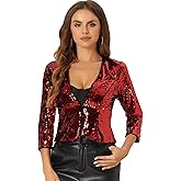 Allegra K Women's Sequin Jacket 3/4 Sleeve Open Front Party Shiny Glitter Sparkly Shrug Blazer