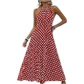 Floerns Women's Polka Dots Halter Dress Sleeveless Vintage Ruffle Vacation A Line Long Dresses