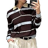 Verdusa Women's Preppy Colorblock Striped Cozy Sweaters Old Money Collared Knit Tops Fall Pullovers