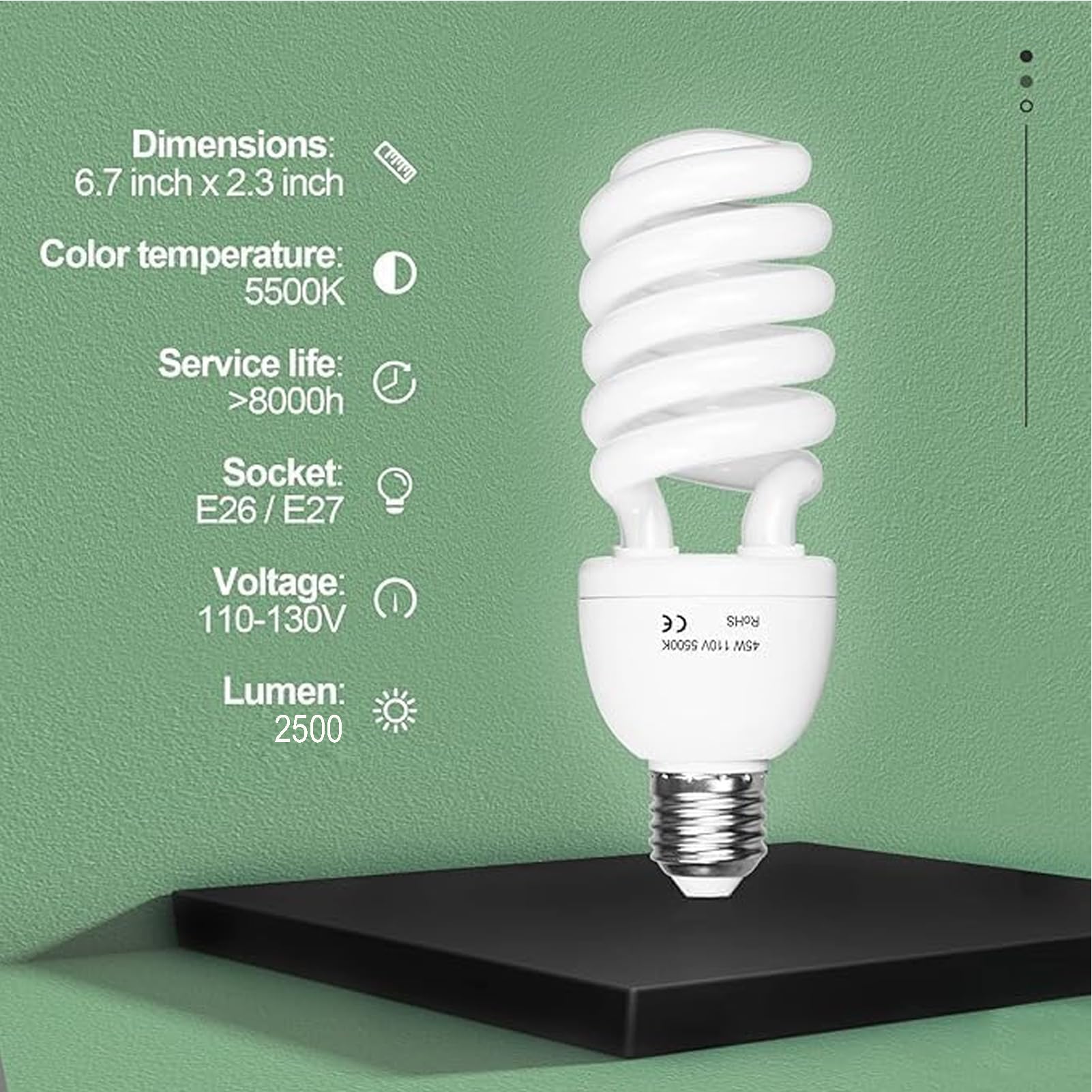 EMART Full Spectrum Light Bulb, 2 x 45W 5500K Spiral CFL Daylight for Photography Photo Video Studio, Softbox Lighting Kit, Household Use, Portrait Shooting