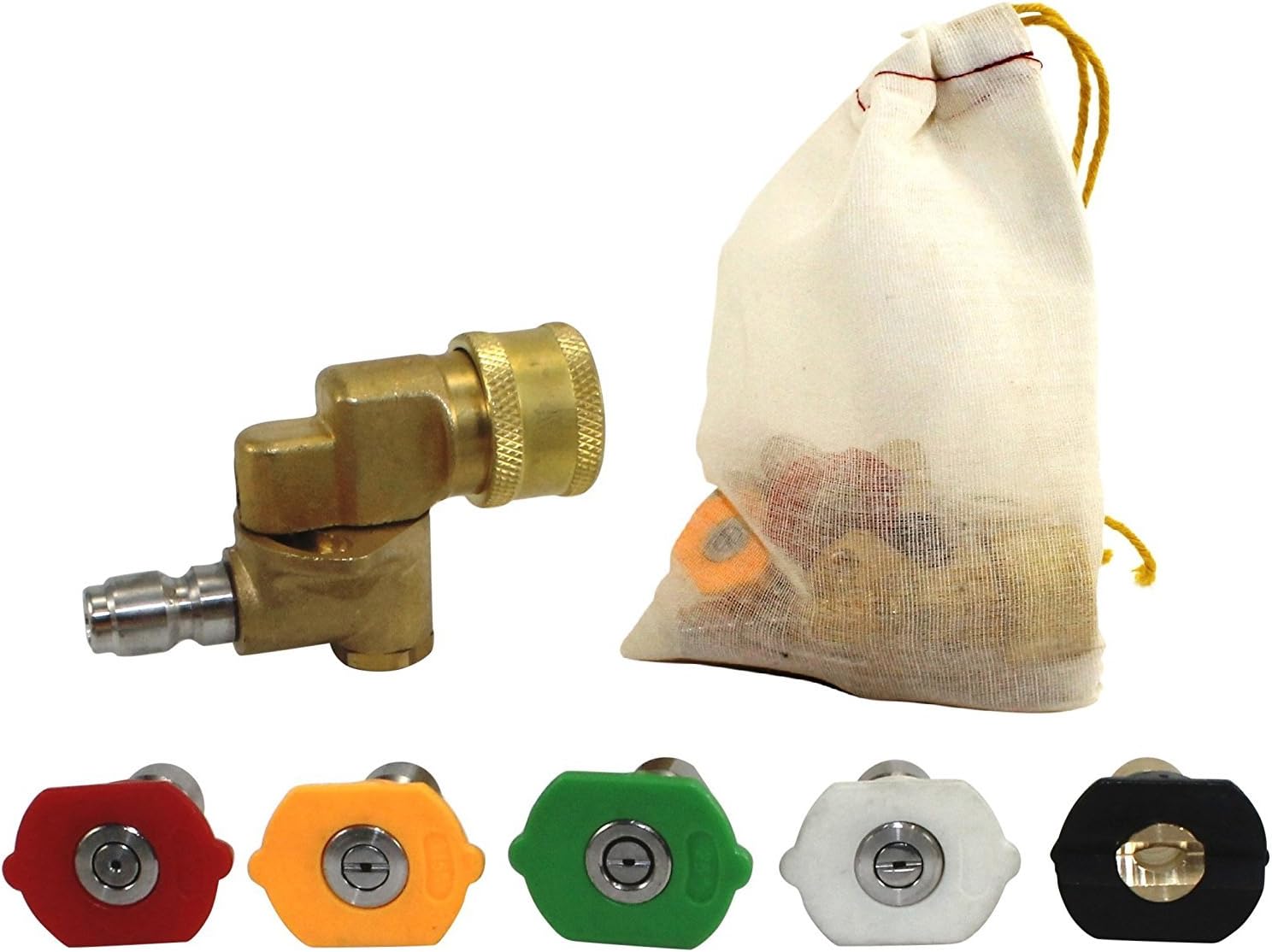 Hurleco Pressure Washer Nozzle Tips and Quick Connect Pivot Coupler – ¼ in, 3.0 GPM, 1500-3750 PSI, 0, 15, 25, 45, 60 – for Most Power Washer Spray Wands and Accessories – Free Industrial Cotton Bag