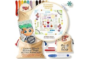 GENIUS SKILLS Beginners Embroidery Kit for Kids & Adults – DIY Set with 1 Printed Canvases, Bamboo Hoop, Tools & Threads – Learn 42 Stitches with QR Video Tutorials – Easy & Educational Gift - embroidery kit bag