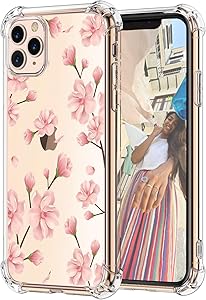 Hepix Floral iPhone 11 Pro Clear Case Pink Plum Blossom Flowers 11 Pro Cases, iPhone Cover with Protective Bumpers, Slim Flexible TPU Frame Raised Bezel Camera Screen Protetcion, Gift Choice