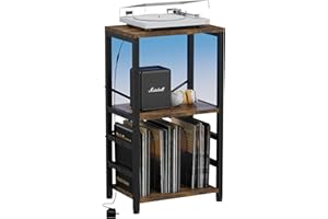 YAKANJ End Table with LED Light,Record Player Stand with Albums Storage,Vinyl Records Storage,Turntable Stand Side Table for Music Room Studio Living Room Bedroom-Retro