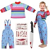 6Pcs Kids Doll Killer Costume, Chucky Blue Jumpsuit Dress Outfit Knife Tattoo Stickers, Halloween Party Cosplay Props