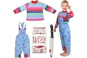 HQROIDD 6Pcs Kids Doll Killer Costume, Chucky Blue Jumpsuit Dress Outfit Knife Tattoo Stickers, Halloween Party Cosplay Props