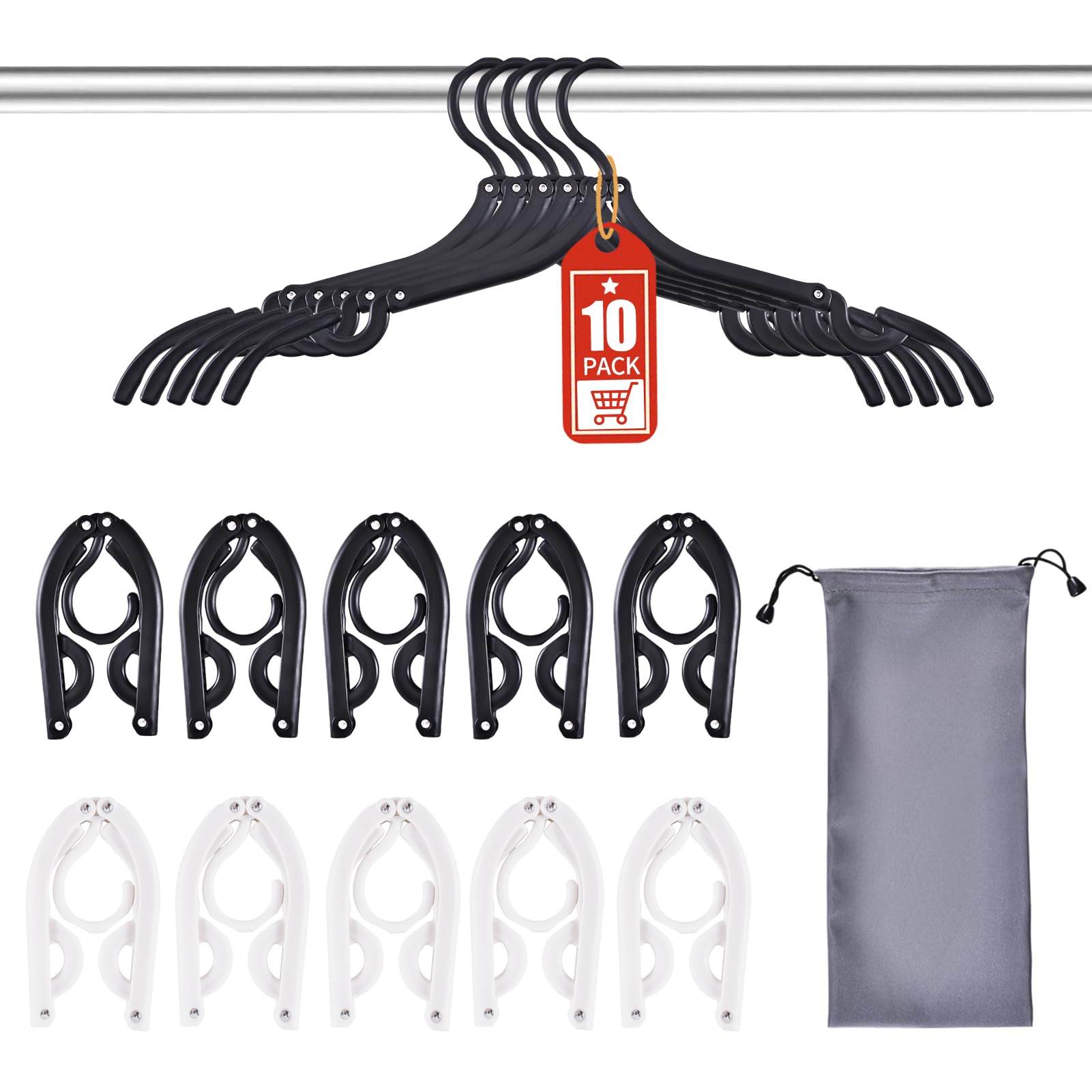 Sazfli 10-Pack Foldable Travel Hangers with Gift Box – Thickened ABS & Aluminum Clips, Non-Slip Design for Delicate Clothes, Compact 5.5x3 Inch, Black/White