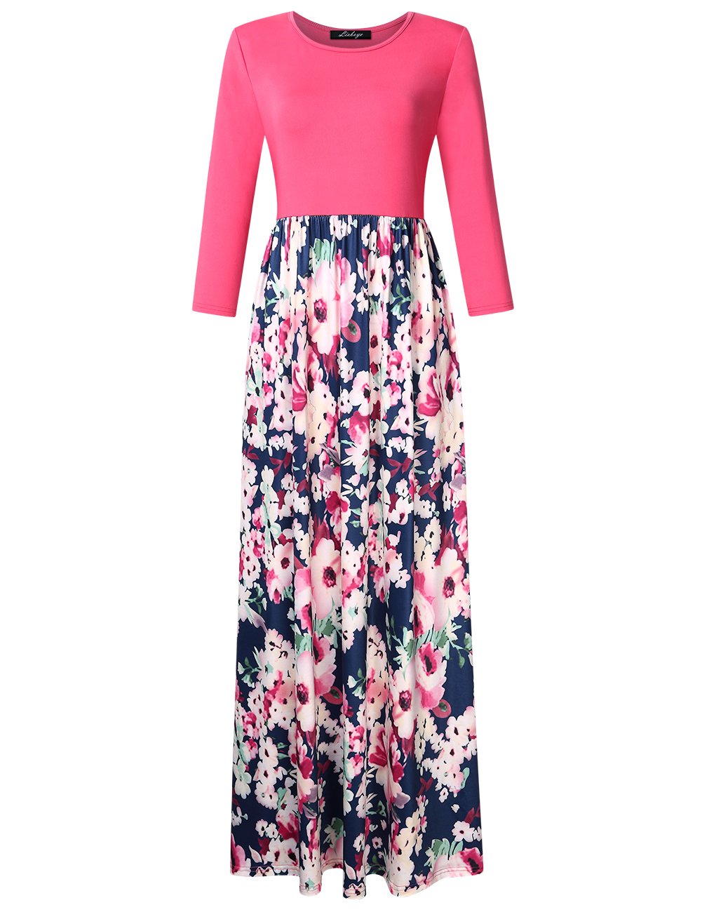 GloryStar Women\'s Maxi Dress Floral Printed Autumn 3/4 Sleeve Casual Tunic Long Wrap Dress Pink XL