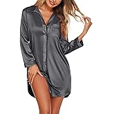 Ekouaer Satin Nightgowns for Women Button Down Sleep Shirt Silk Night Shirt Long Sleeve Boyfriend Sleepwear S-3XL Deep Grey