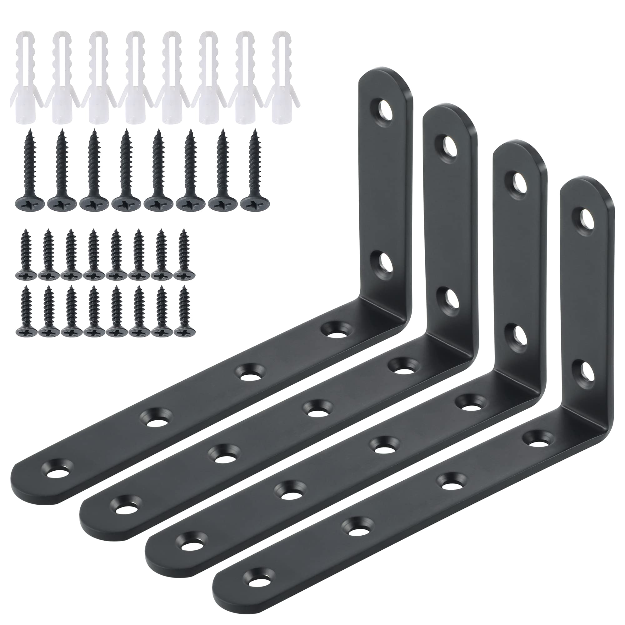 Sayayo Shelf Brackets 4Pcs, Heavy Duty Wall Brackets for Shelves L Bracket Wall Mounted Shelf Support, Stainless Steel Matte Black Finished, EJ5207B-4P (125mm*75mm, 3MM Thick)
