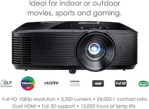 Optoma HD243X 1080p Projector for Movies and Gaming, Super Bright 3300 Lumens, Long 12000h Lamp Life, 3D Support, Easy Setup with Zoom and Keystone ...