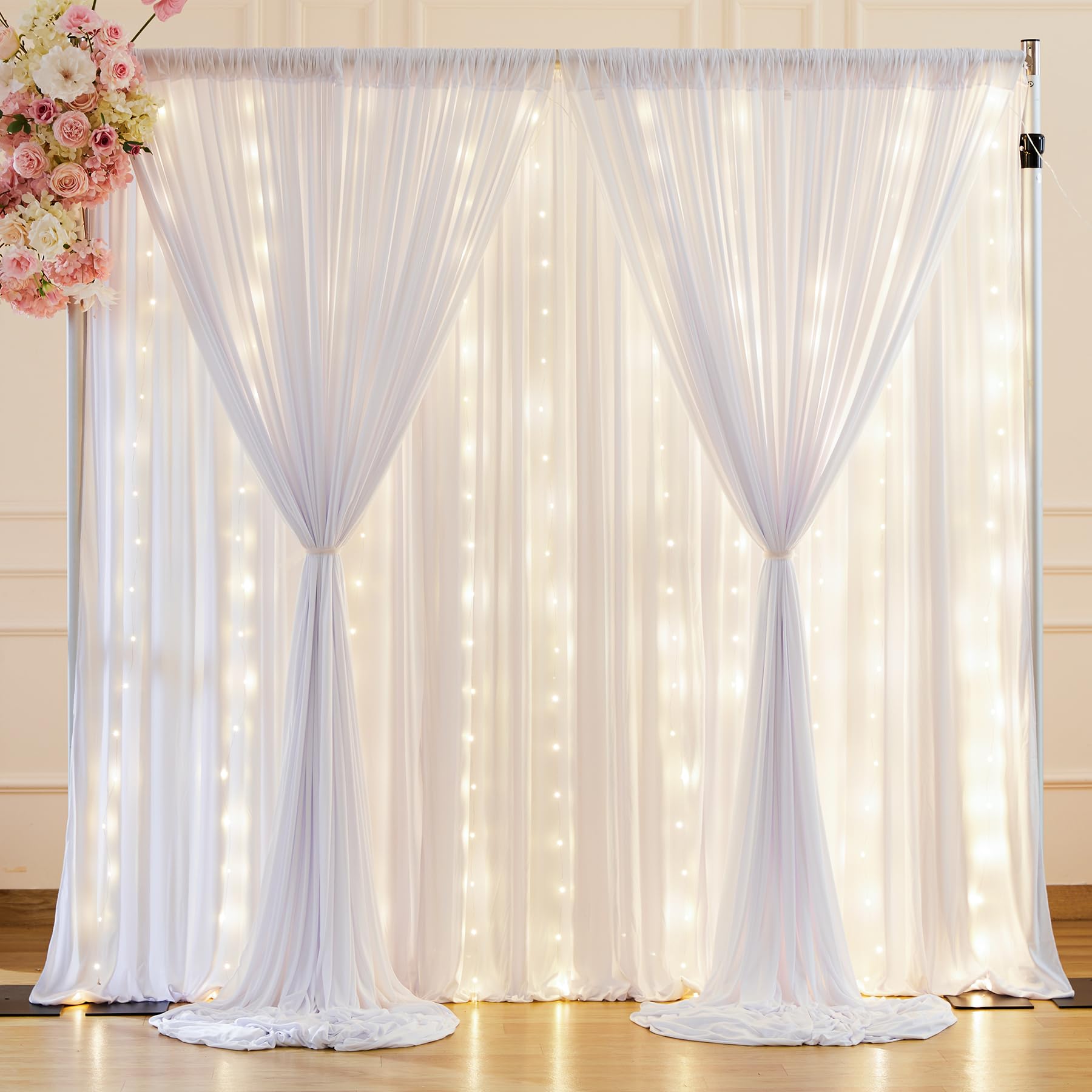 Photo 1 of 10 x 10 ft White Backdrop Curtains with Lights String for Wedding Polyester Photo Background Drapes White Wrinkle Free Soft Curtains for Birthday Parties Reception Baby Shower Ceremony-5 x 10ft x 2P