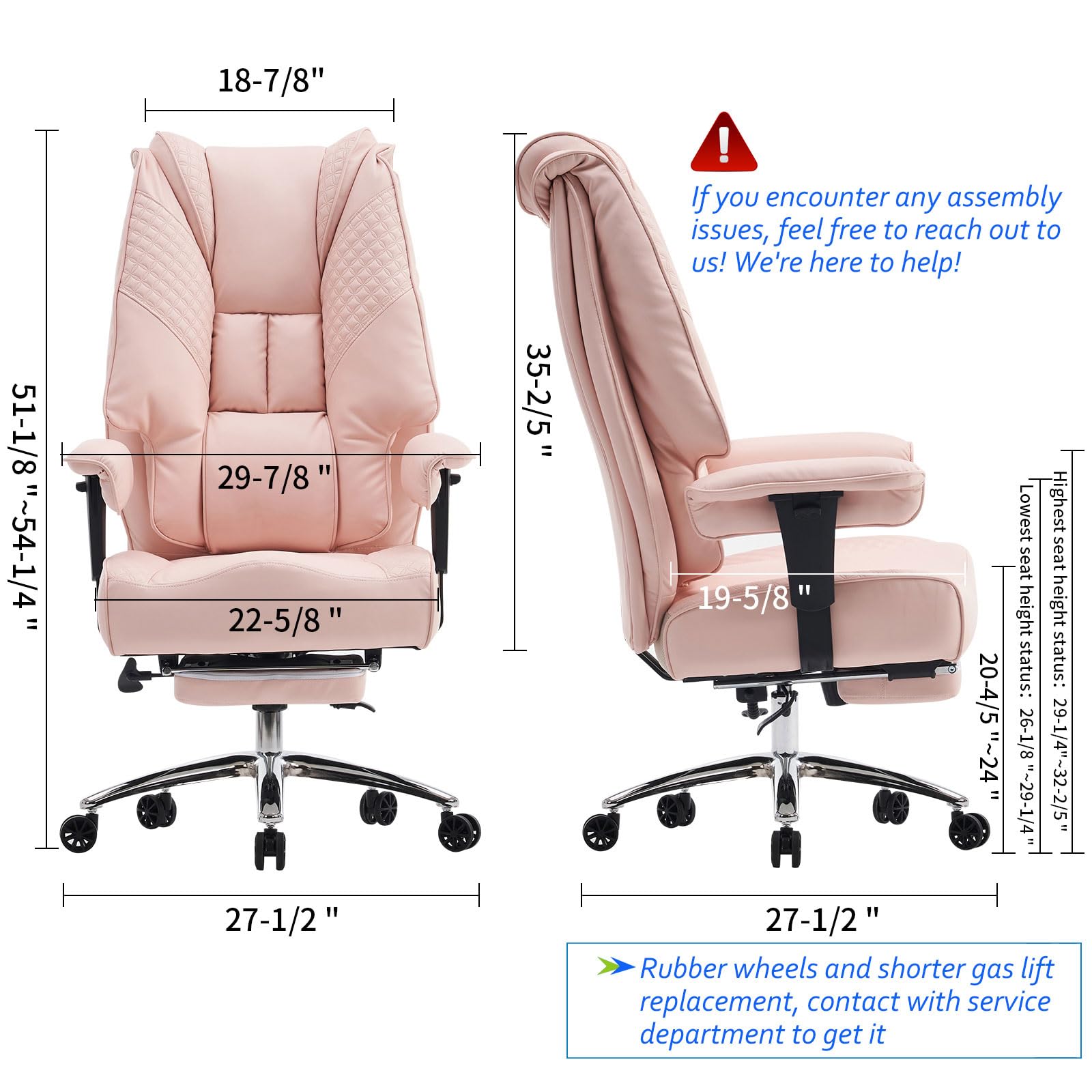 EXCEBET Big and Tall Office Chair 400lbs Wide Seat, Leather High Back Executive Office Chair with Foot Rest, Ergonomic Office Chair Lumbar Support for Lower Back Pain Relief (Light Pink) - Image 5