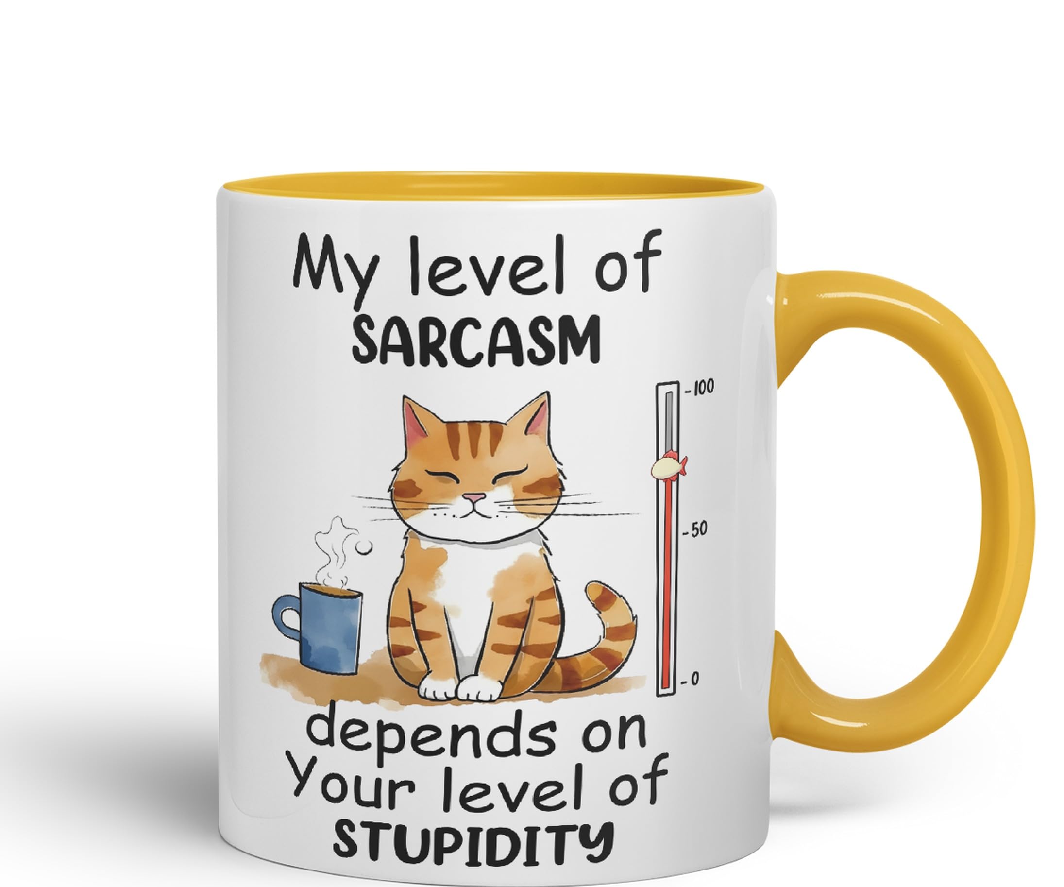Vixar My Level of Sarcasm Depends on Your Level of Stupidity Cat Joke Ceramic Coloured Mug Cup for Tea Coffee Hot Brew 330ml 11Oz (G Yellow)