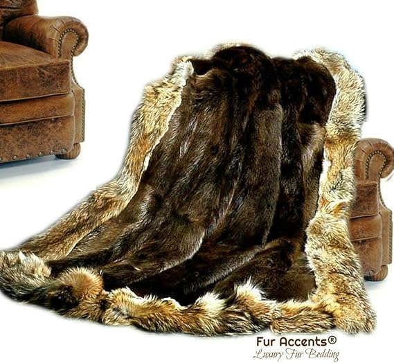 Luxury Fur Throw Blanket Brown Beaver with Coyote Border