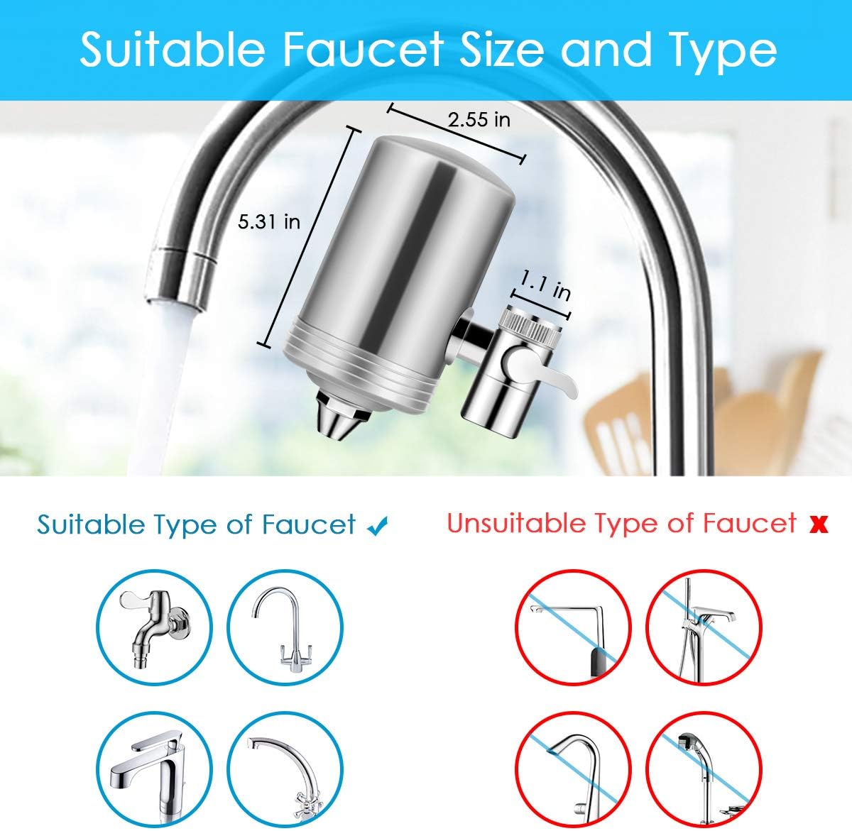 Dimener Faucet Water Filter, Water Purifier Sink Filter 304 Stainless-Steel Tap Water Filter System, Reduce Chlorine, Lead Reduction, Double Outlet (2 Filter Cartridges Included) - - 