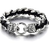 COOLSTEELANDBEYOND Large Stainless Steel Mens Roaring Tiger Braided Curb Chain Bracelet with Black Leather Retro Style