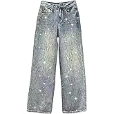Women's Diamond Jeans Shiny High Waisted Straight Leg Denim Pants Loose with Pocket Jeans